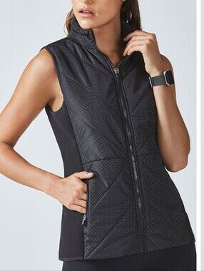 Fabletics Sedona Puffer Vest In Black Fog Polka Dot Size Medium Hidden Hood